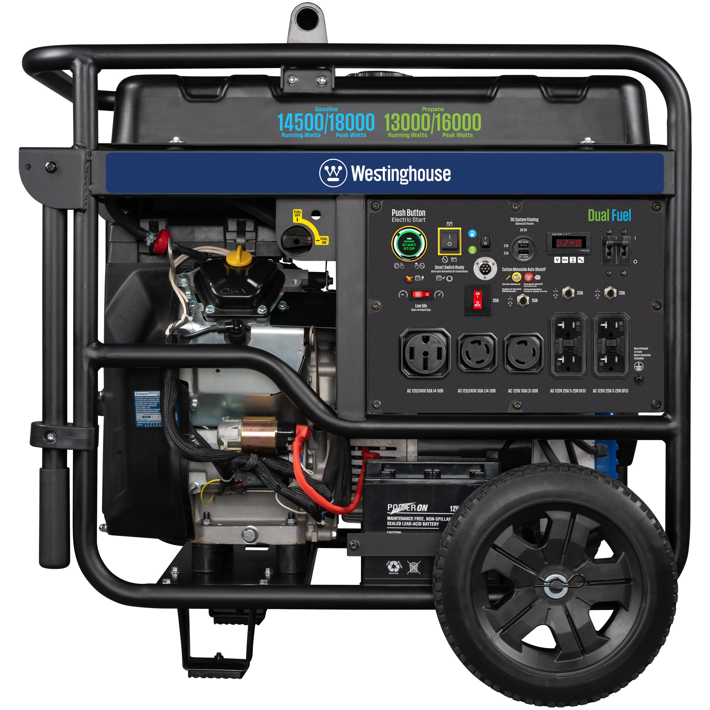 Sasulne Propane 14500/18000 13000/16000 Running Watts  
Westinghouse Push Button Electric Start  
Dual Fuel  
12V DC