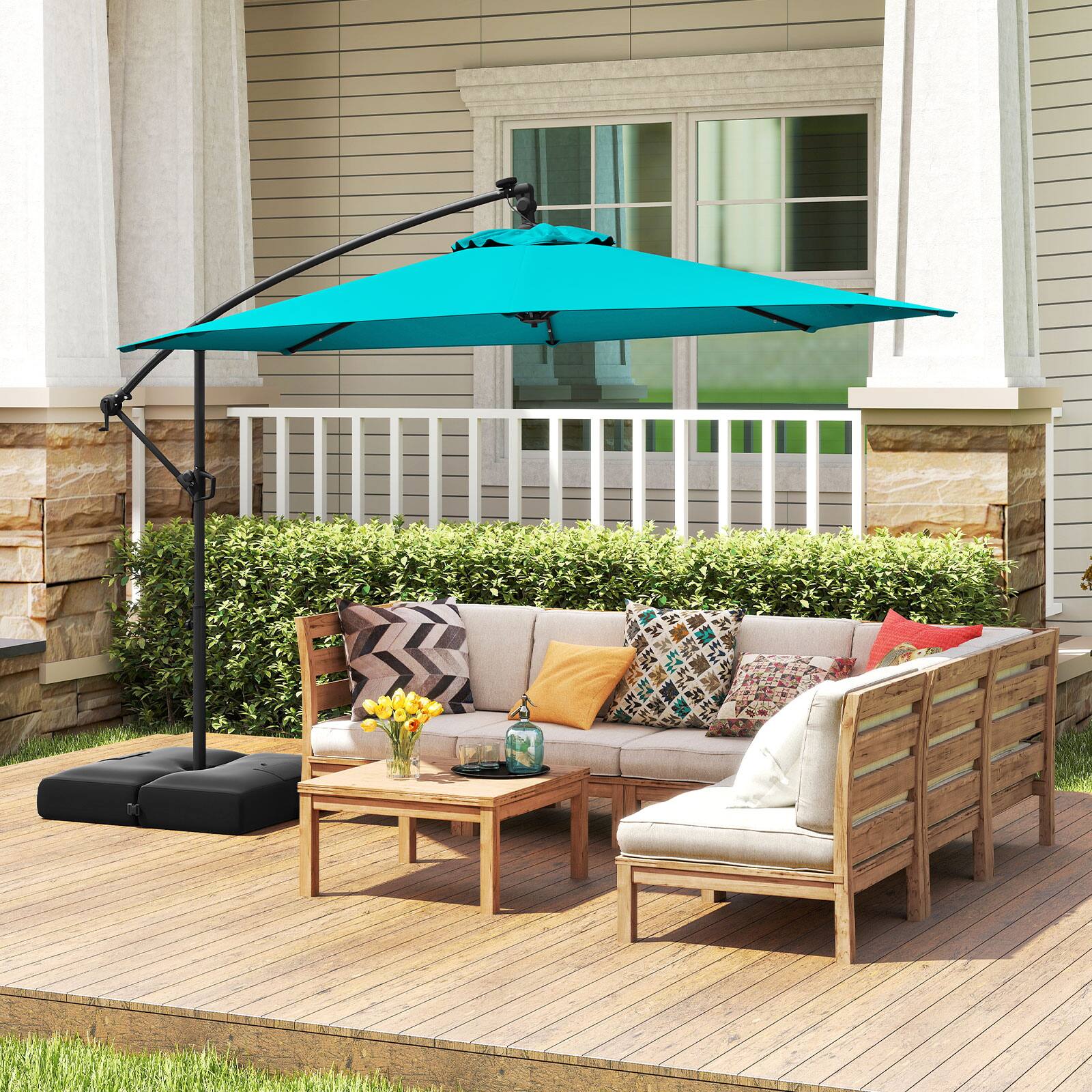 Alt View 1. Gymax - Gymax 10 FT Solar Offset Hanging Umbrella Patio Cantilever Umbrella w/ 32 LED Lights Turquoise - Turquoise.