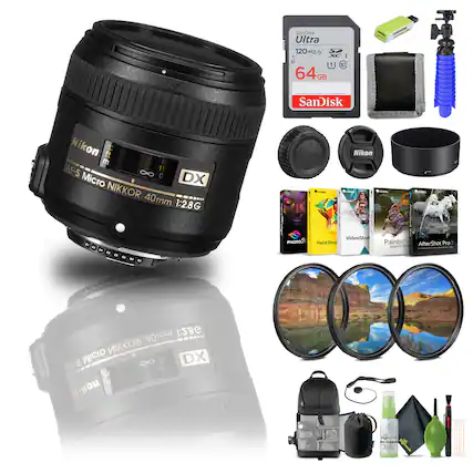 SanDisk Ultra 120 MB/s 64GB
Nikon AF-S 1:2.8G DX Micro NIKKOR 40mm
PhotoPlus
VideoStudio
PaintShop Painter Pro
AfterShot Pro essentials
Nikon lens accessories:
- Lens cap
- Lens hood
- Lens cleaning kit
- Camera bag
- Tripod
- Filter set (three circular filters)