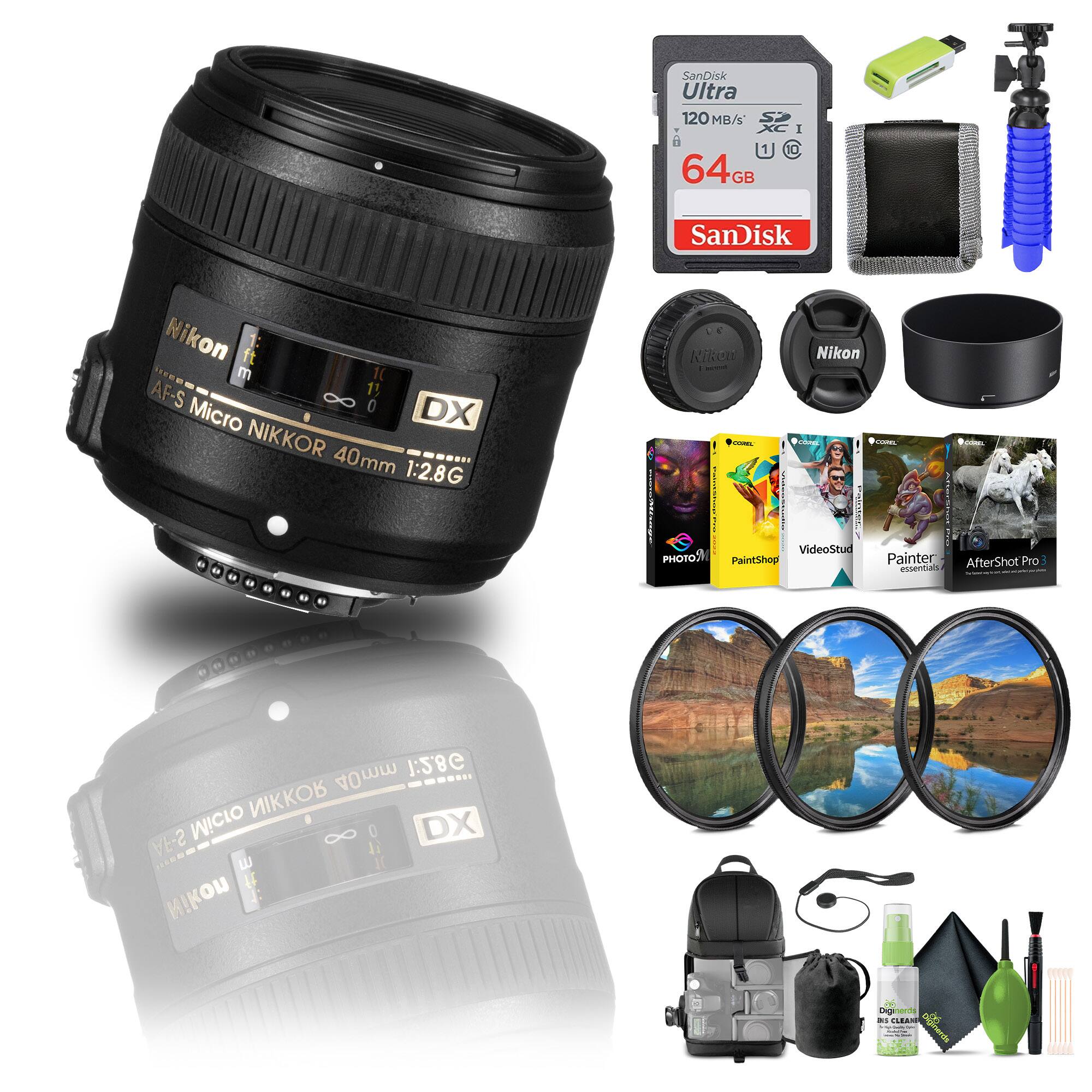 SanDisk Ultra 120 MB/s 64GB

Nikon AF-S 1:2.8G DX Micro NIKKOR 40mm

PhotoPlus
VideoStudio
PaintShop Painter Pro
AfterShot Pro essentials

Nikon lens accessories:
- Lens cap
- Lens hood
- Lens cleaning kit
- Camera bag
- Tripod
- Filter set (three circular filters)