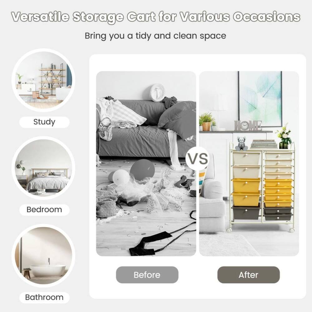 Versatile Storage Cart for Various Occasions  
Bring you a tidy and clean space  

Study  
Bedroom  
Bathroom  

Before  
VS  
After