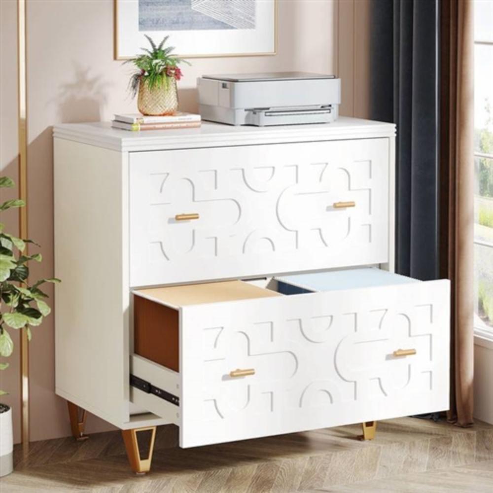 Left. Hivvago - Retro White/Gold Geometric Scroll 2 Drawer Filing Cabinet Printer Stand - White, Gold.