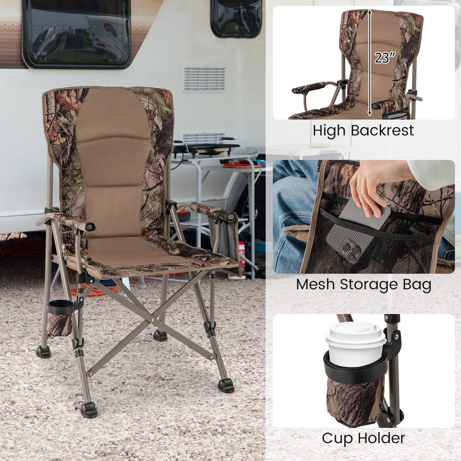 - 23" High Backrest
- Mesh Storage Bag
- Cup Holder