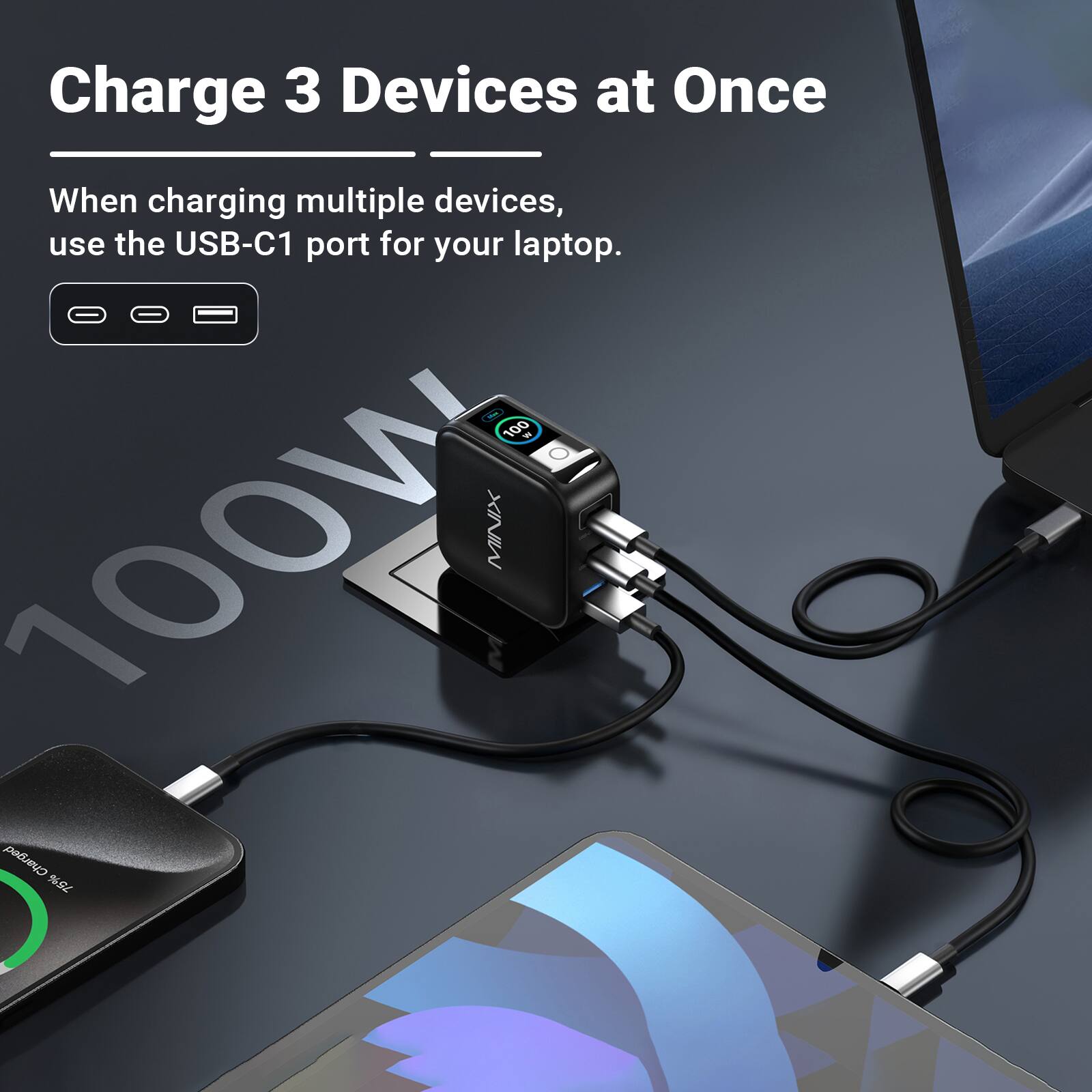 Charge 3 Devices at Once

When charging multiple devices, use the USB-C1 port for your laptop.