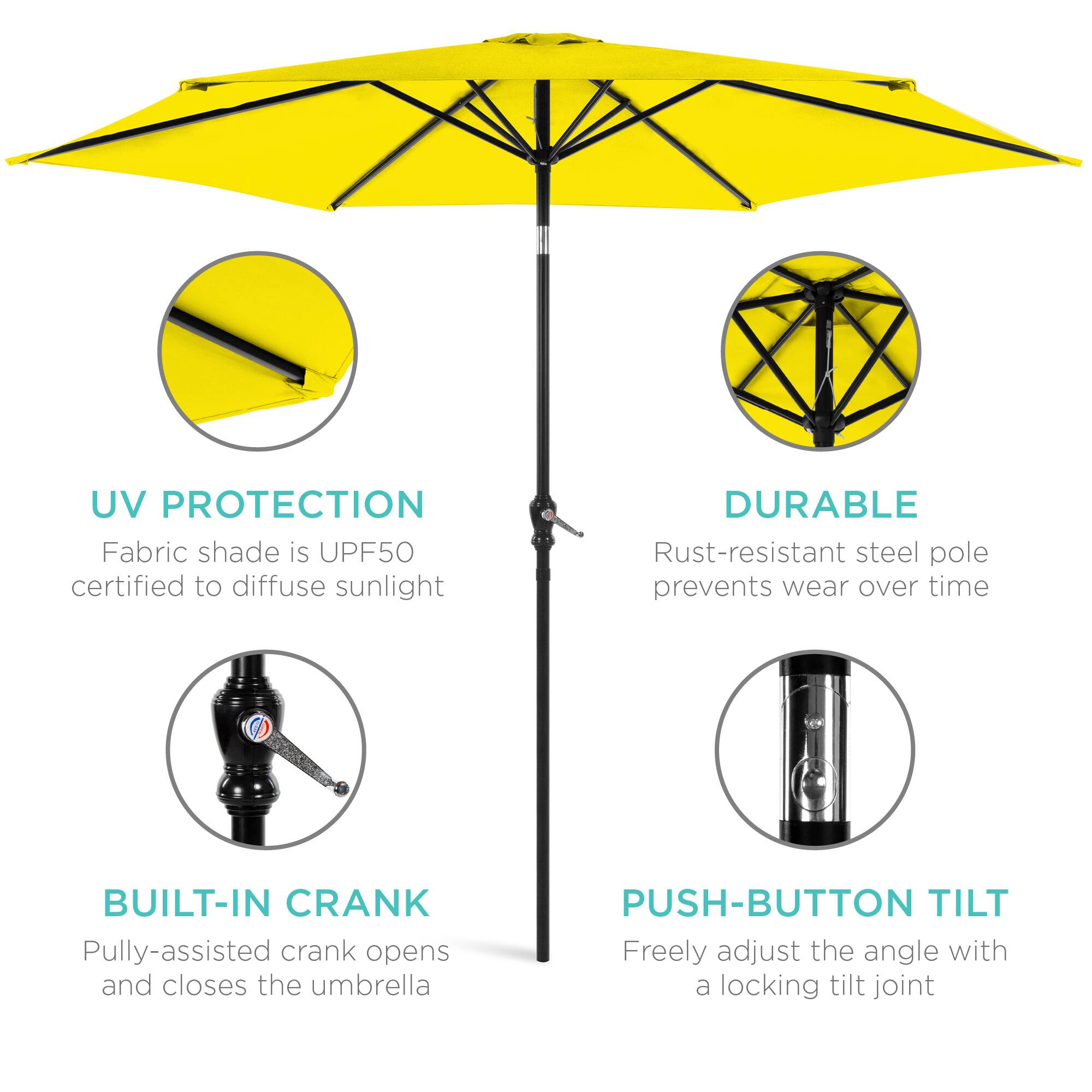 - **UV PROTECTION**  
  Fabric shade is UPF50 certified to diffuse sunlight

- **DURABLE**  
  Rust-resistant steel pole prevents wear over time

- **BUILT-IN CRANK**  
  Pulley-assisted crank opens and closes the umbrella

- **PUSH-BUTTON TILT**  
  Freely adjust the angle with a locking tilt joint