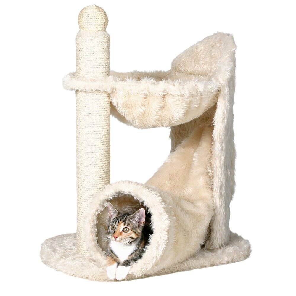 Left. TRIXIE - Baza Gandia Plush 26.8" Cat Tree with Sisal Scratching Post-Hammock & Tunnel - Cream.