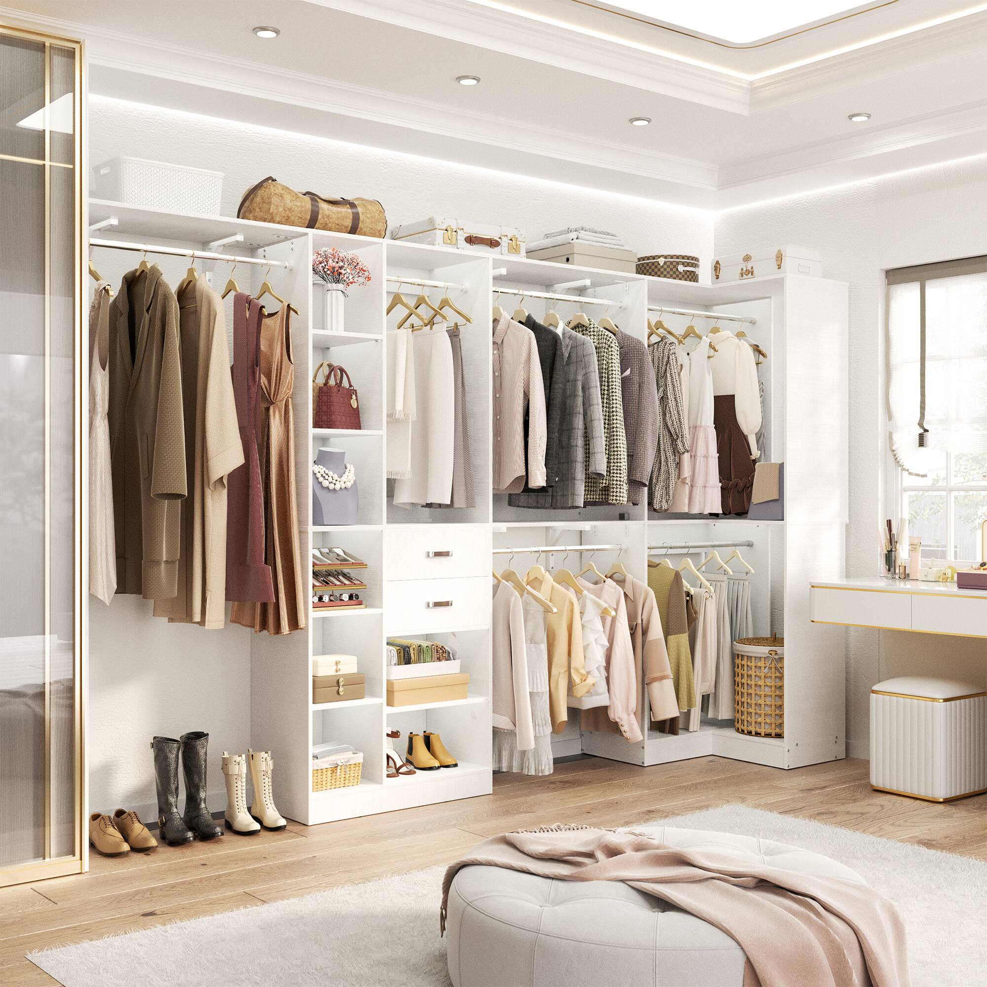 Left. Aheaplus - 127.5'' Corner Closet Organizer System Set of 2 with Drawers, Hanging Rod and Adjustable Shelves, Reversible - White.