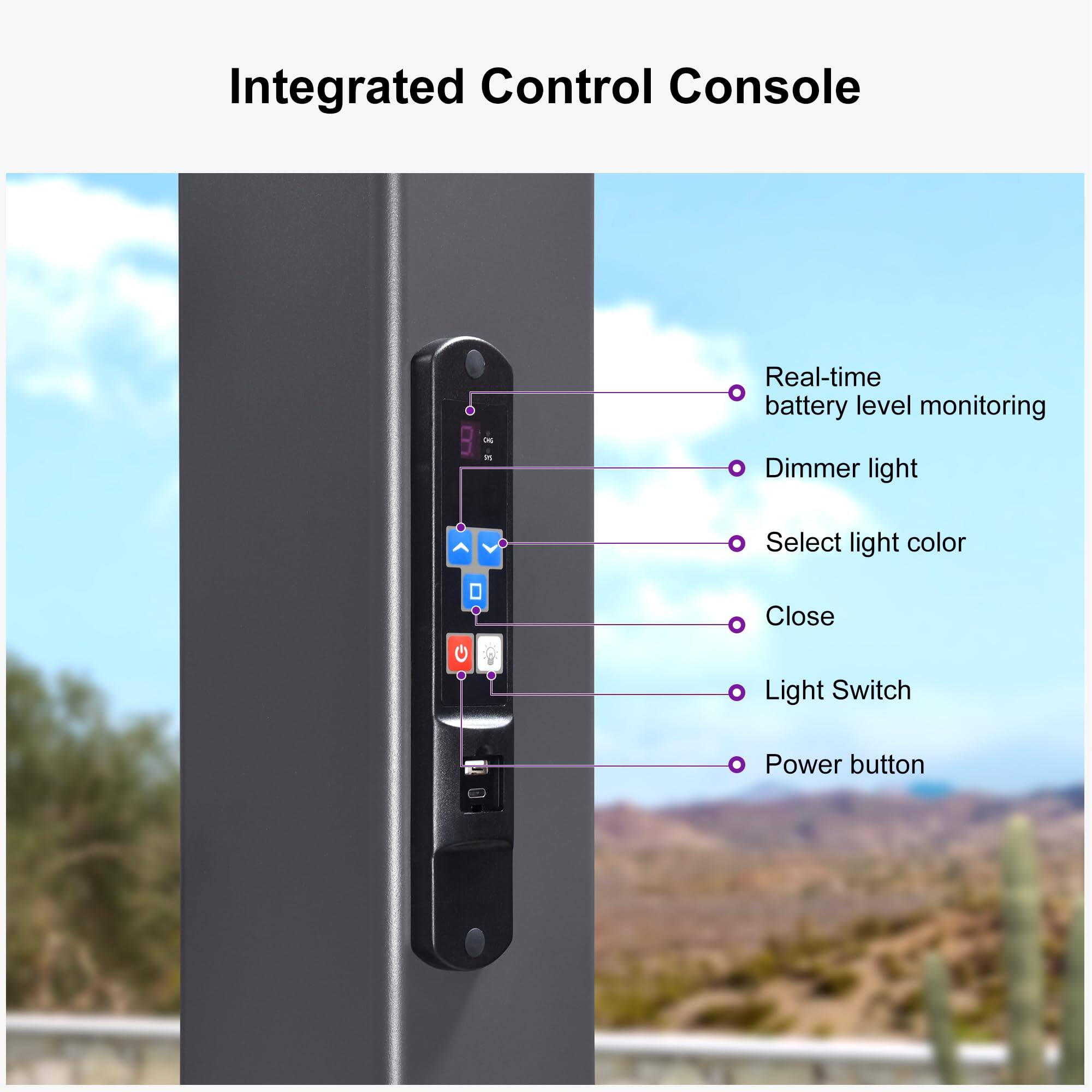 Integrated Control Console

- Real-time battery level monitoring
- Dimmer light
- Select light color
- Close
- Light Switch
- Power button