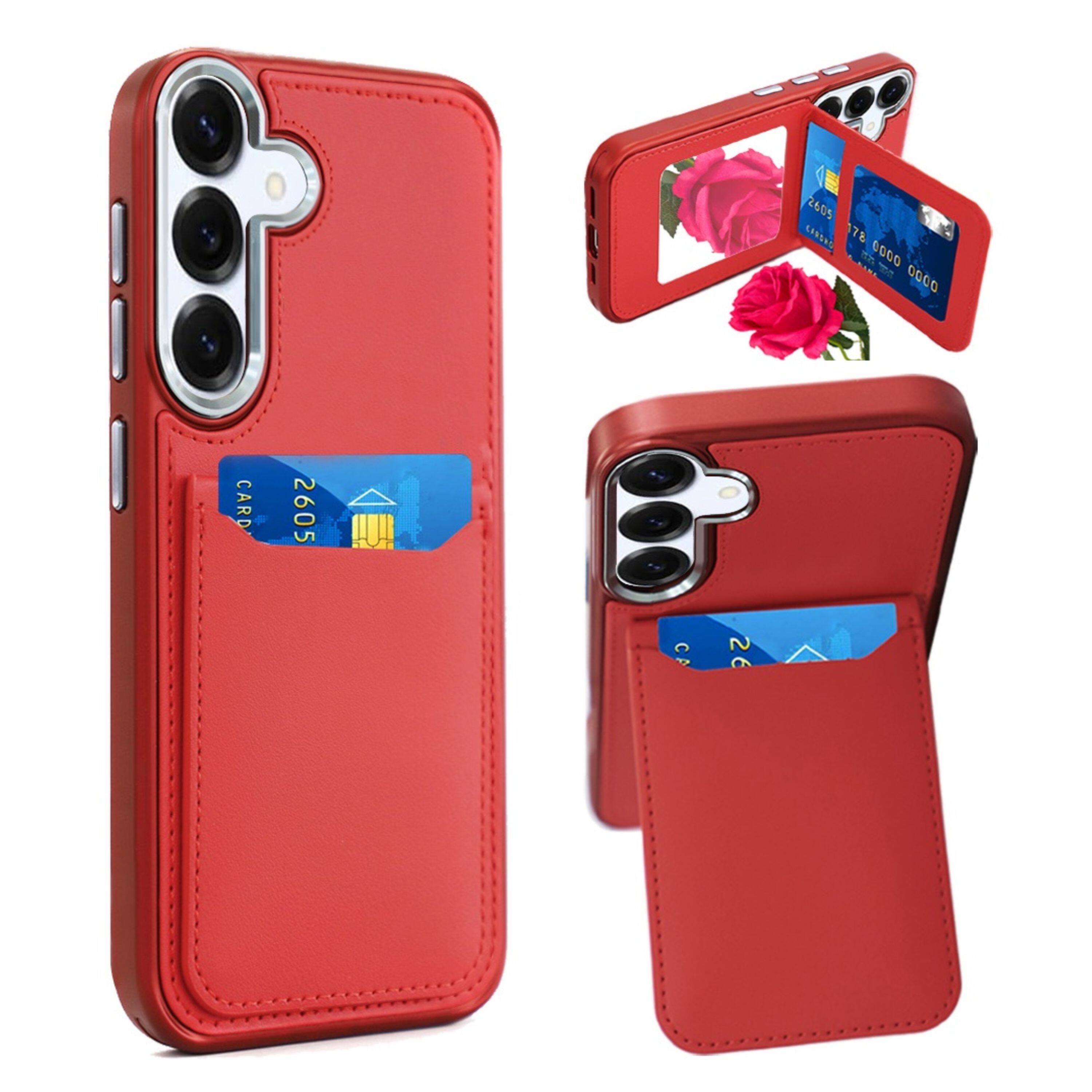 Kitcheniva - PU Leather Card Holder & Mirror Phone Case With Tempered Glass For Samsung Galaxy S26+ - Red