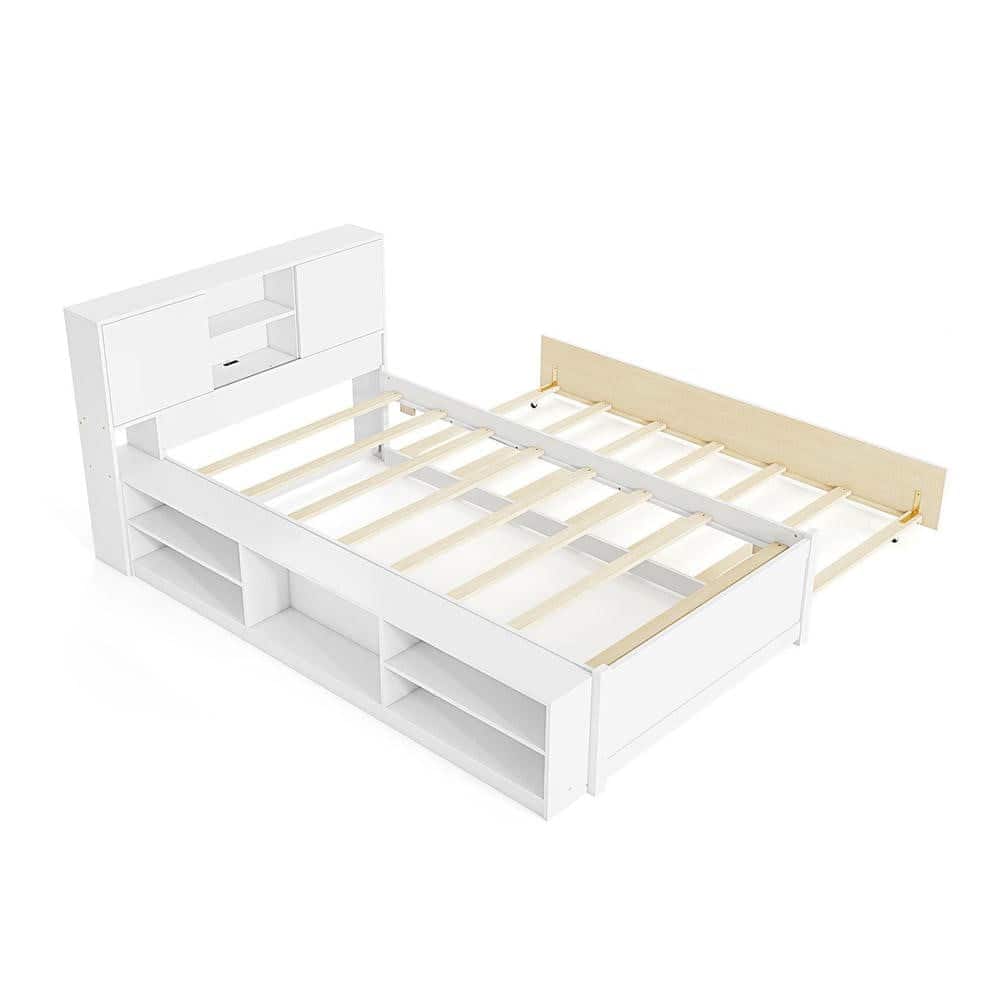 Kadyn - Twin Bed Frame with Built-In Trundle and Convenient Power Outlets, Space-Saving Design with USB Charging Ports - White