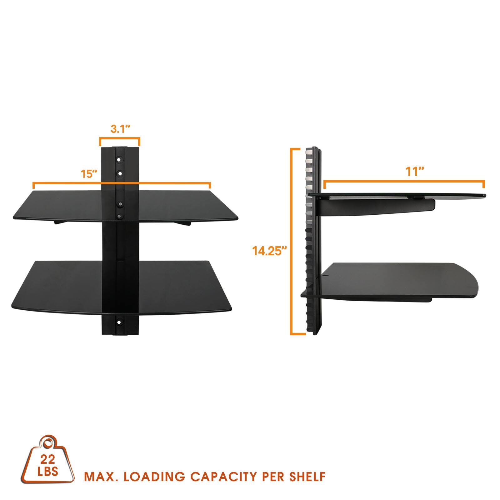 3.1", 15", 11", 14.25", 22 LBS MAX. LOADING CAPACITY PER SHELF