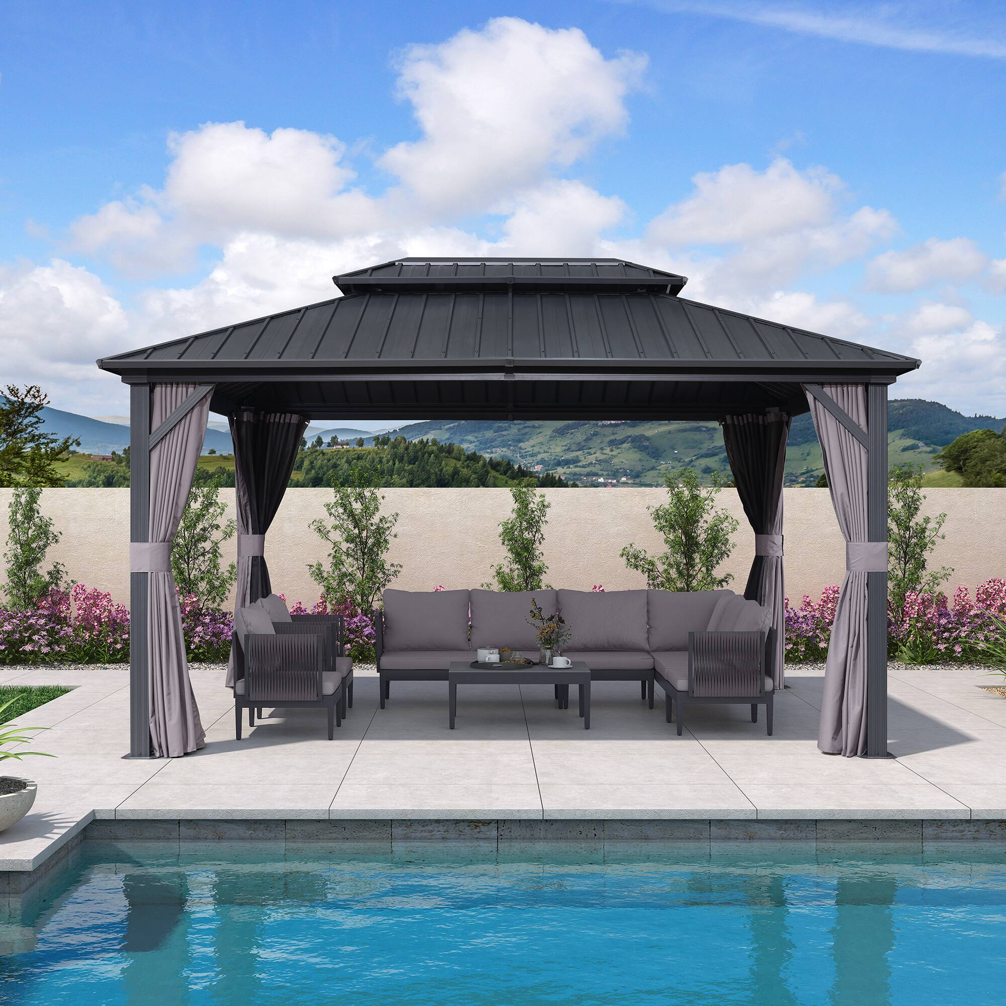 Alt View 2. PURPLE LEAF - 10 X 14 FT Outdoor Aluminum Hardtop Gazebo with Galvanized Steel Double Roof for Patio Deck with Netting and Curtains - 10' X 14'.