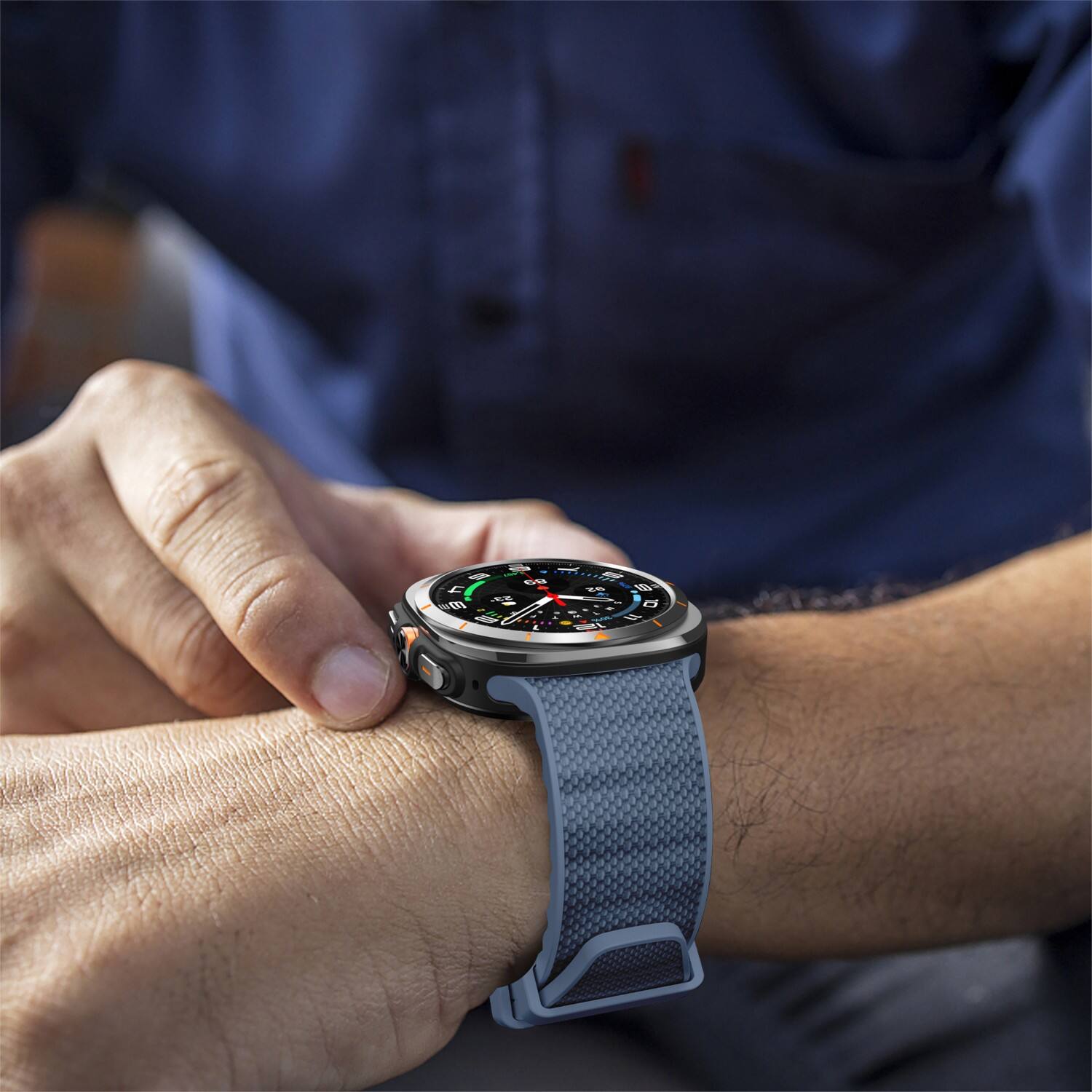 Left. StrapsCo - Endurance Band Silicone Rubber Watch Strap For Samsung Galaxy Watch Ultra - Blue.