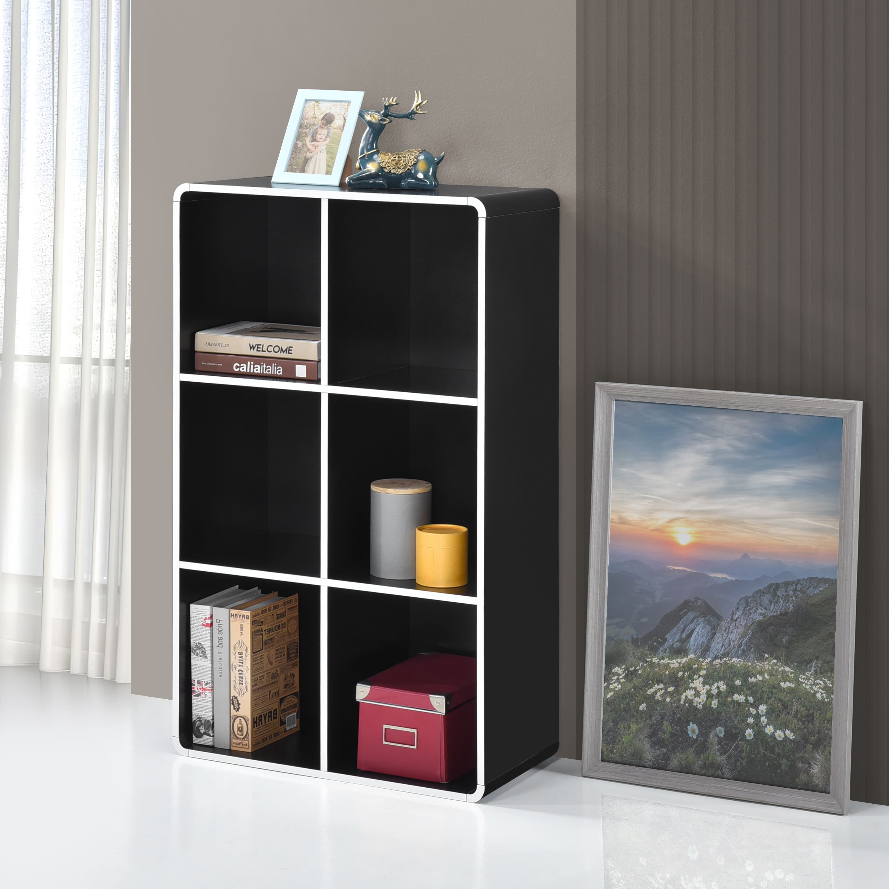 Kings Brand Furniture - Dothan Wood 6-Cubed Open Bookcase - Storage Shelf Organizer Bookshelf - Black