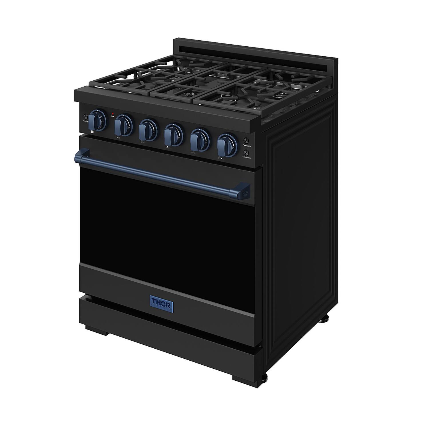 Left. Thor Kitchen - Gordon Ramsay Series by Thor Kitchen 4.55 Cu. Ft Freestanding Liquid Propane Gas Range with Navy Blue Hardware - Black.