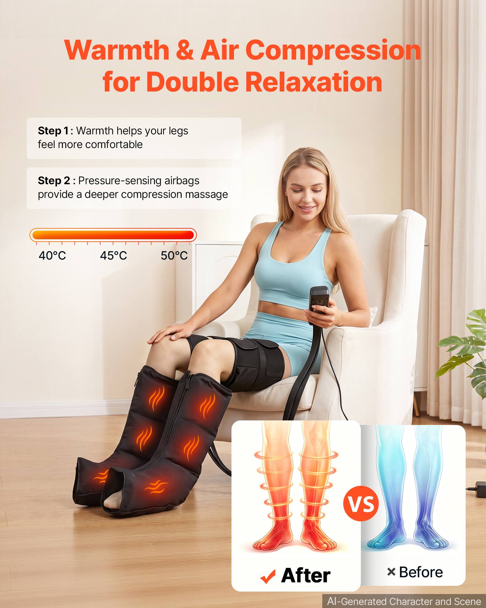 Warmth & Air Compression for Double Relaxation

Step 1: Warmth helps your legs feel more comfortable

Step 2: Pressure-sensing airbags provide a deeper compression massage

40°C 45°C 50°C

VS

After

Before

AI-Generated Character and Scene