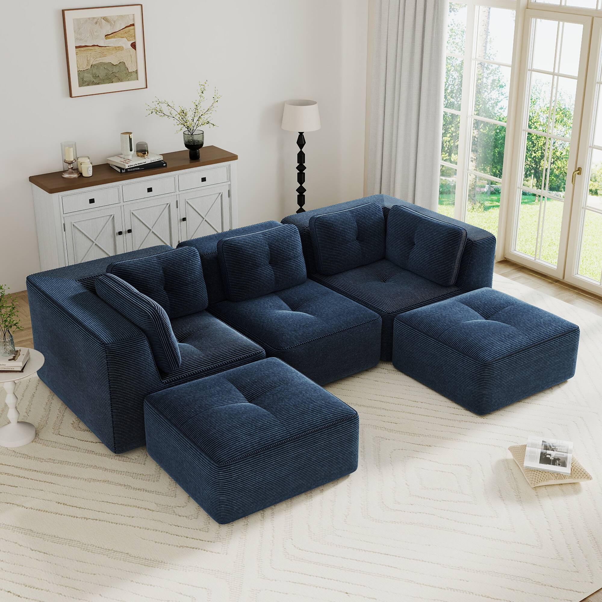 Angle. LOVMOR - 3 Seater Corduroy Sectional Couch Modular Deep Seat Storage Ottoman No Assembly Compressed Pack Tufted For Den - Blue.