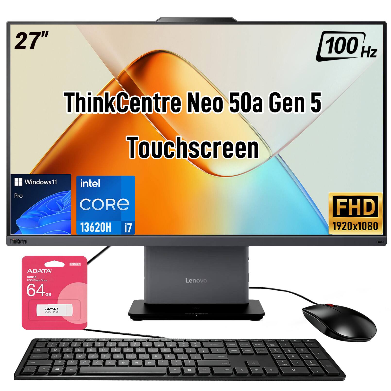 27"  
100 Hz  
ThinkCentre Neo 50a Gen 5 Touchscreen  
Windows 11 Pro  
Intel Core i7 13620H  
FHD 1920x1080  
ADATA UC310 USB Flash Drive 64GB  
Lenovo