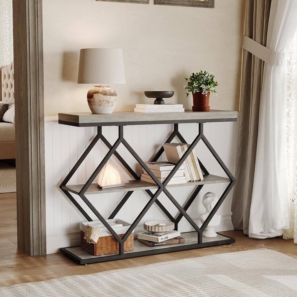 Front. Acekool - 3-Tier X-Shaped Console Table, Entryway Table with Storage Shelf for Hallway, Living Room, Grey - Grey.