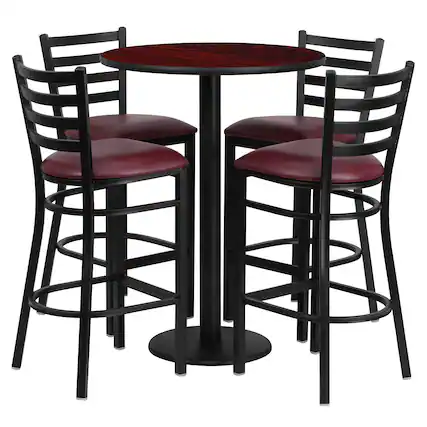 Front. Flash Furniture - Jamie 30'' Round Mahogany Laminate Table Set with Round Base and 4 Ladder Back Metal Barstools - Burgundy Vinyl Seat - Burgundy.