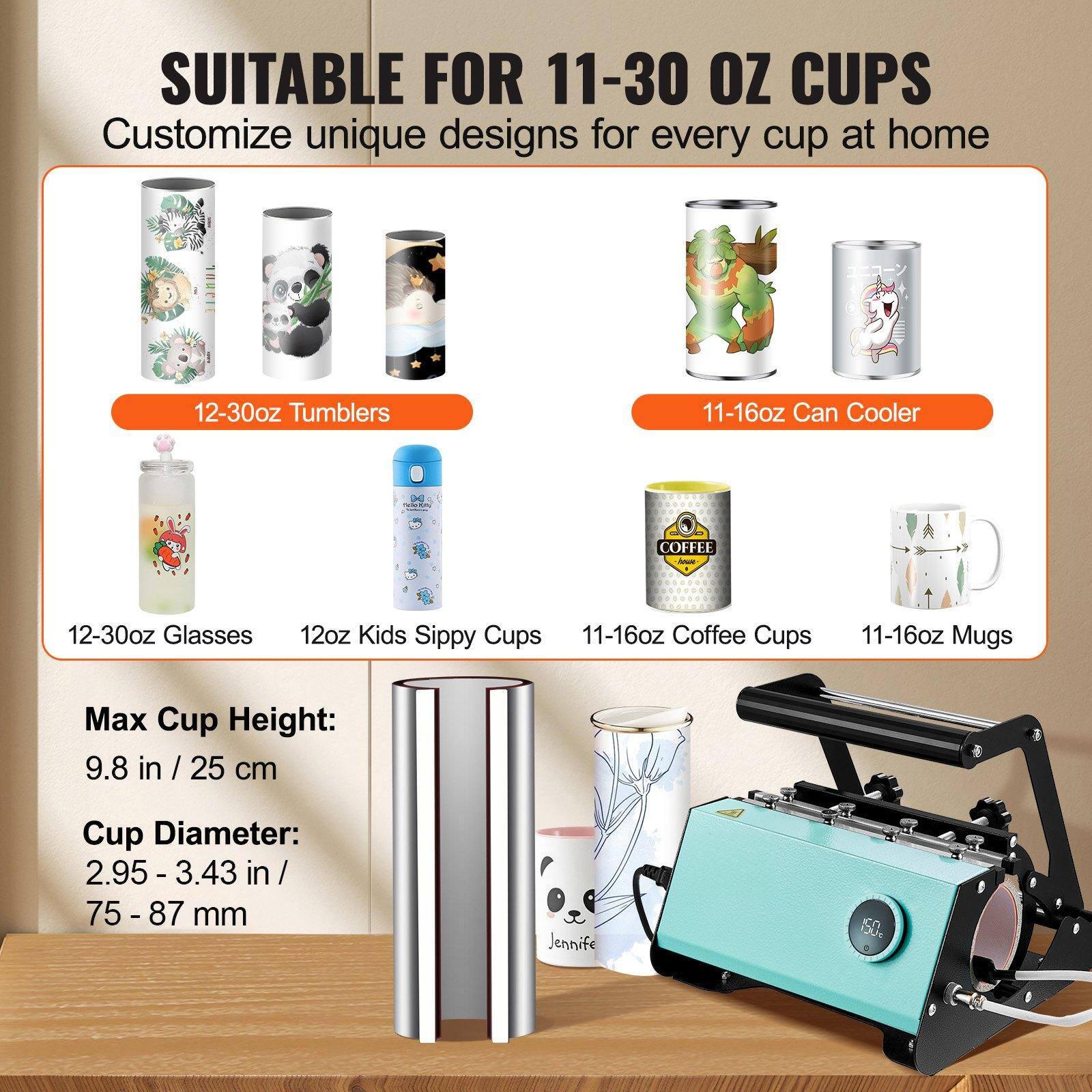 SUITABLE FOR 11-30 OZ CUPS  
Customize unique designs for every cup at home  

12-30oz Tumblers  
11-16oz Can Cooler  
12-30oz Glasses  
12oz Kids Sippy Cups  
11-16oz Coffee Cups  
11-16oz Mugs  

Max Cup Height: 9.8 in / 25 cm  
Cup Diameter: 2.95 - 3.43 in / 75 - 87 mm  

Jennifer 50
