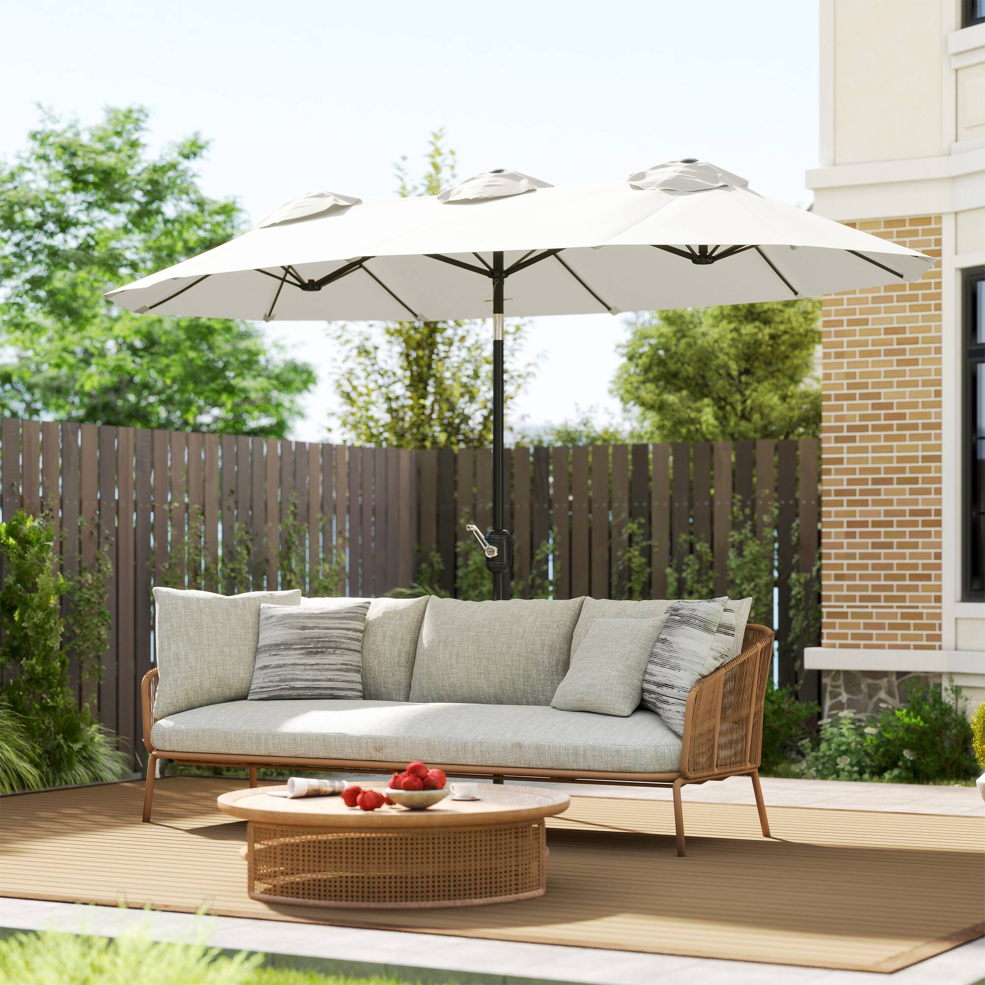 Alt View 1. Outsunny - Double Sided Patio Umbrella, 9.5' Large Outdoor Market Umbrella with Push Button Tilt and Crank, 3 Air Vents - Cream.