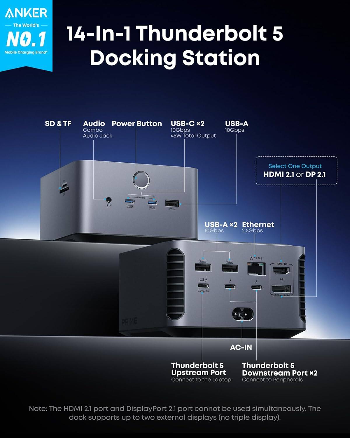 ANKER The World's NO.1 14-In-1 Thunderbolt 5 Mobile Charging Brand Docking Station SD & TF Audio Power Button USB-C x2 USB-A Combo 10Gbps 10Gbps Audio Jack 45W Total Output Select One Output HDMI 2.1 or DP 2.1 USB-A x2 Ethernet 10Gbps 2.5Gbps C0g 3k A10 FOMI DP OR Computer PRIME AC-IN Thunderbolt 5 Thunderbolt 5 Upstream Port Downstream Port x2 Connect to the Laptop Connect to Peripherals Note: The HDMI 2.1 port and DisplayPort 2.1 port cannot be used simultaneously. The dock supports up to two external displays (no triple display).