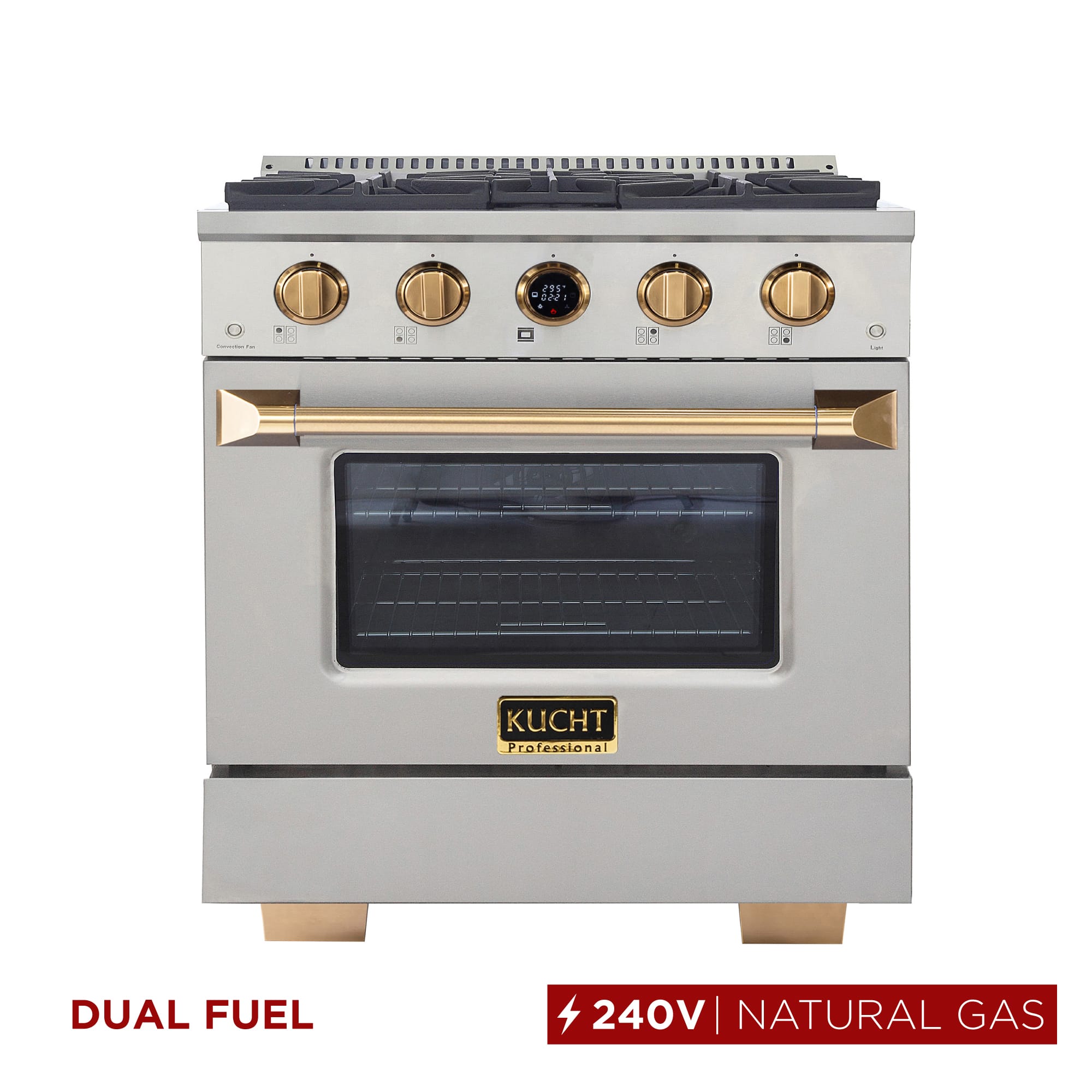 30 in. 4.2 cu. ft. Dual Fuel Range, 4 Burners, NG, SS w/ Gold Accents, Kucht Horus Thermostat - Stainless Steel & Gold