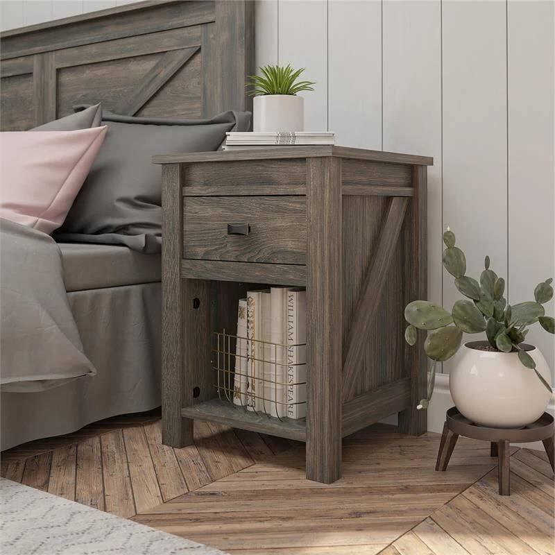 Left. Hivvago - Hivvago Farmhouse 1-Drawer Bedroom Nightstand with Open Shelf - Grey.