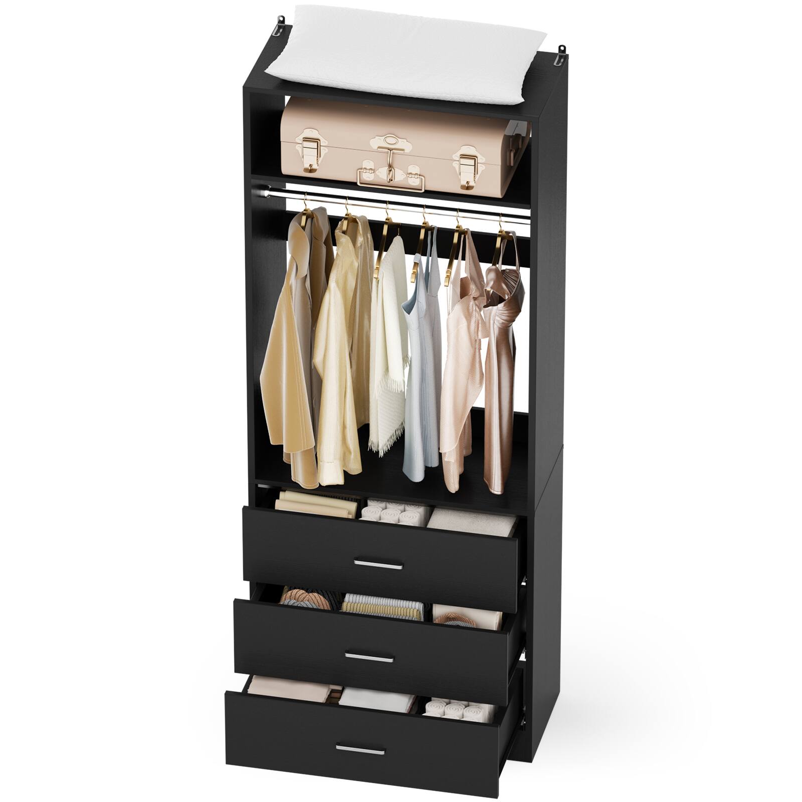 Back. Aheaplus - 24" Freestanding Closet System,3 Wood Drawers, Hanging Rod & Shelves - Space-Saving Organizer for Small Closets - Black.