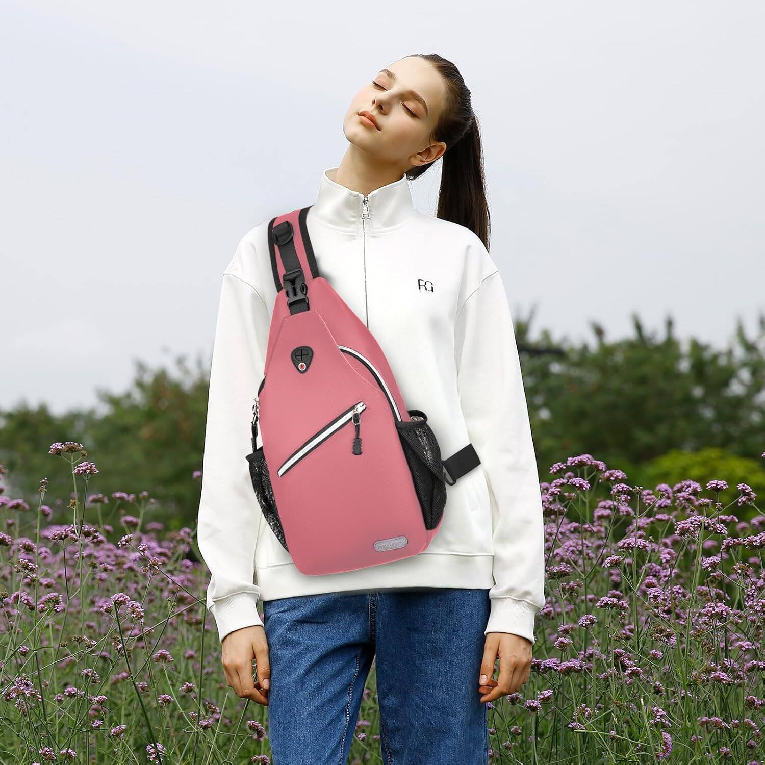 Alt View 3. mosiso - Sling Backpack Multipurpose Crossbody Shoulder Bag Travel Hiking Daypack - Dusty Rose.