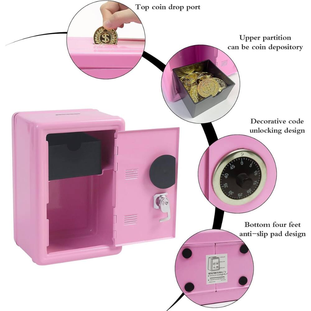 Top coin drop port  
Upper partition can be coin depository  
Decorative code unlocking design  
Bottom four feet anti-slip pad design