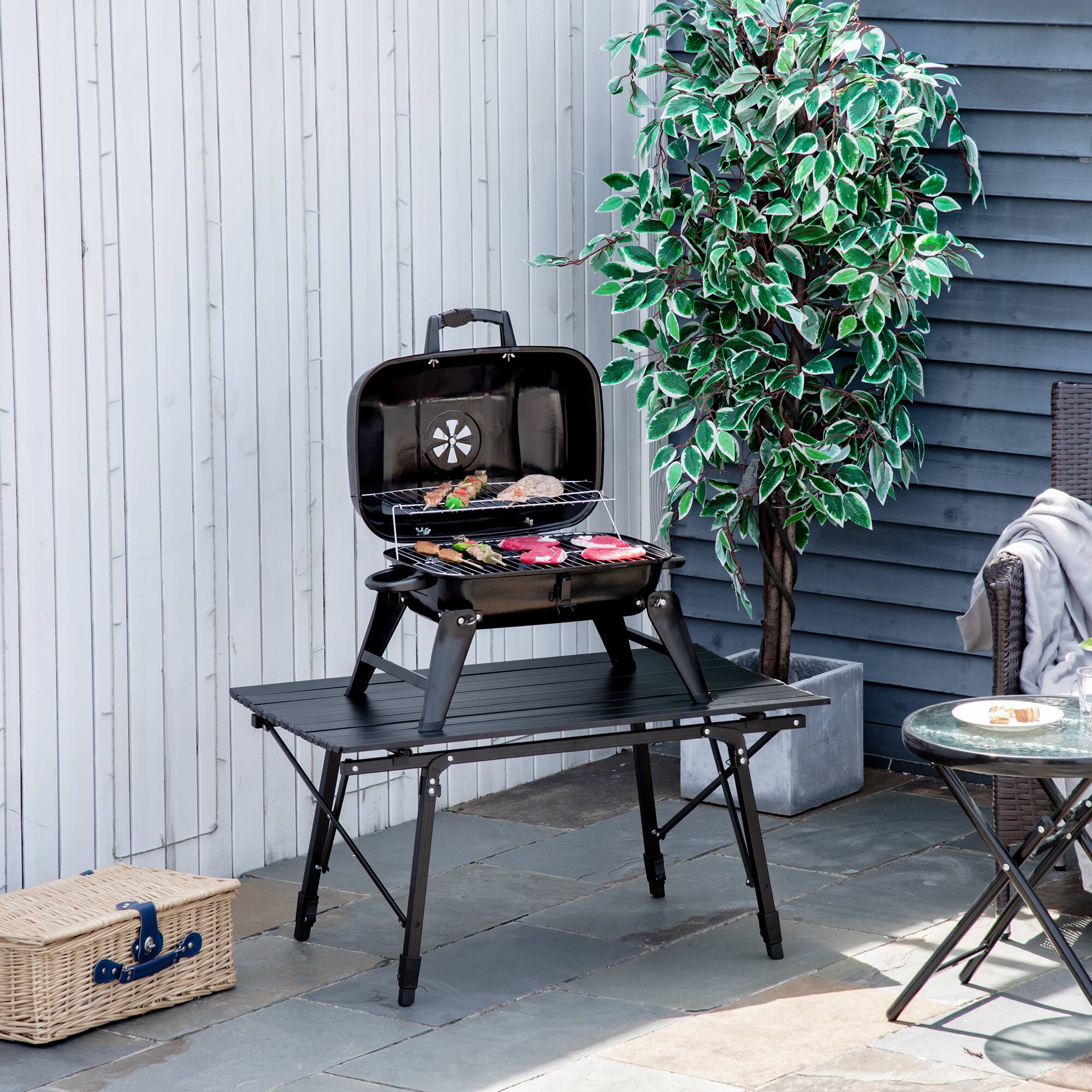 Alt View 1. Outsunny - Portable Grill, Small Charcoal Grill for Outdoor Cooking, BBQ, Camping, Enamel Coated - Black.