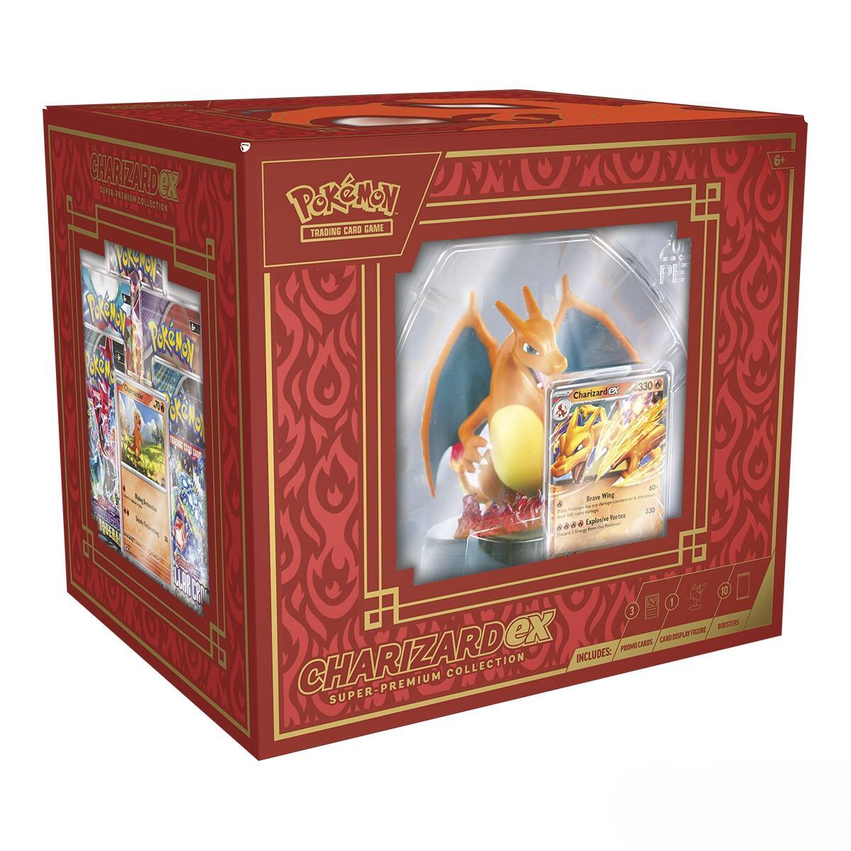 CHARIZARDex  
SUPER-PREMIUM COLLECTION  

POKÉMON  
TRADING CARD GAME  

INCLUDES:  
- 100+ CARDS  
- CARD DISPLAY PIECE  
- BOOSTERS  

CHARIZARDex  
SUPER-PREMIUM COLLECTION  

Charizard EX  
330  
Brawling Wing  
60  
Explosive Force  
330  

6+