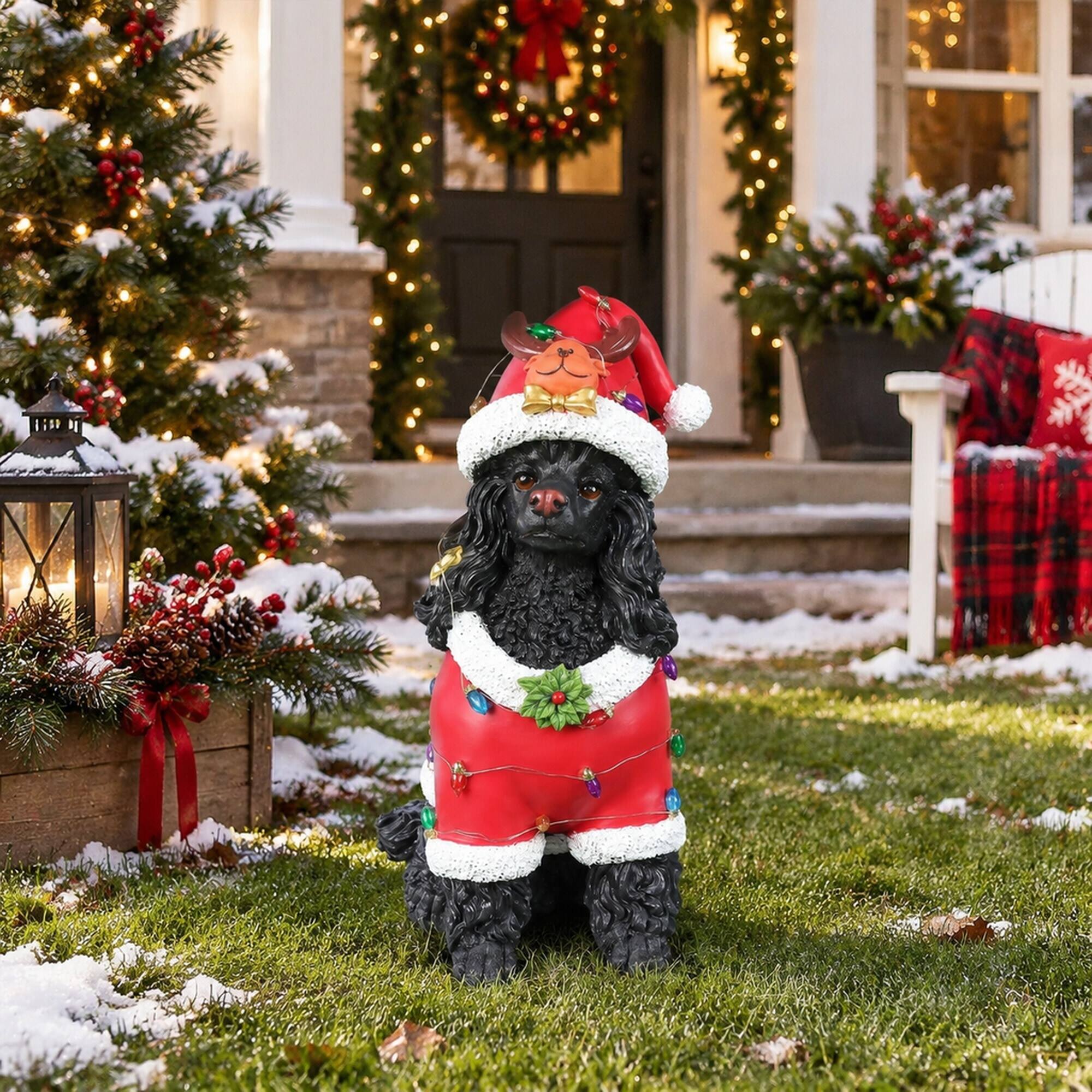 Angle. RYHNUYNE - Holiday Black Poodle Statue with Red Santa Outfit and Reindeer Hat for Christmas Mantel Table Decor - Black.
