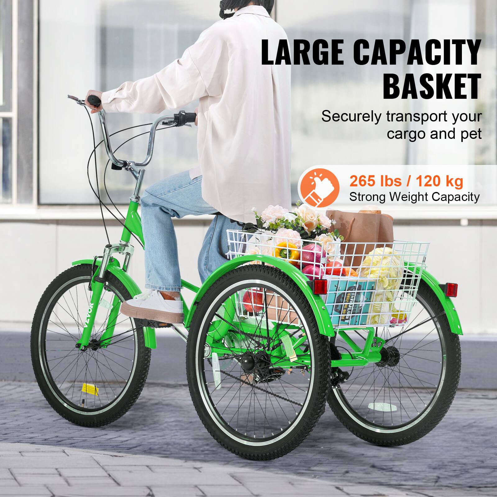 LARGE CAPACITY BASKET
Securely transport your cargo and pet
265 lbs / 120 kg
Strong Weight Capacity