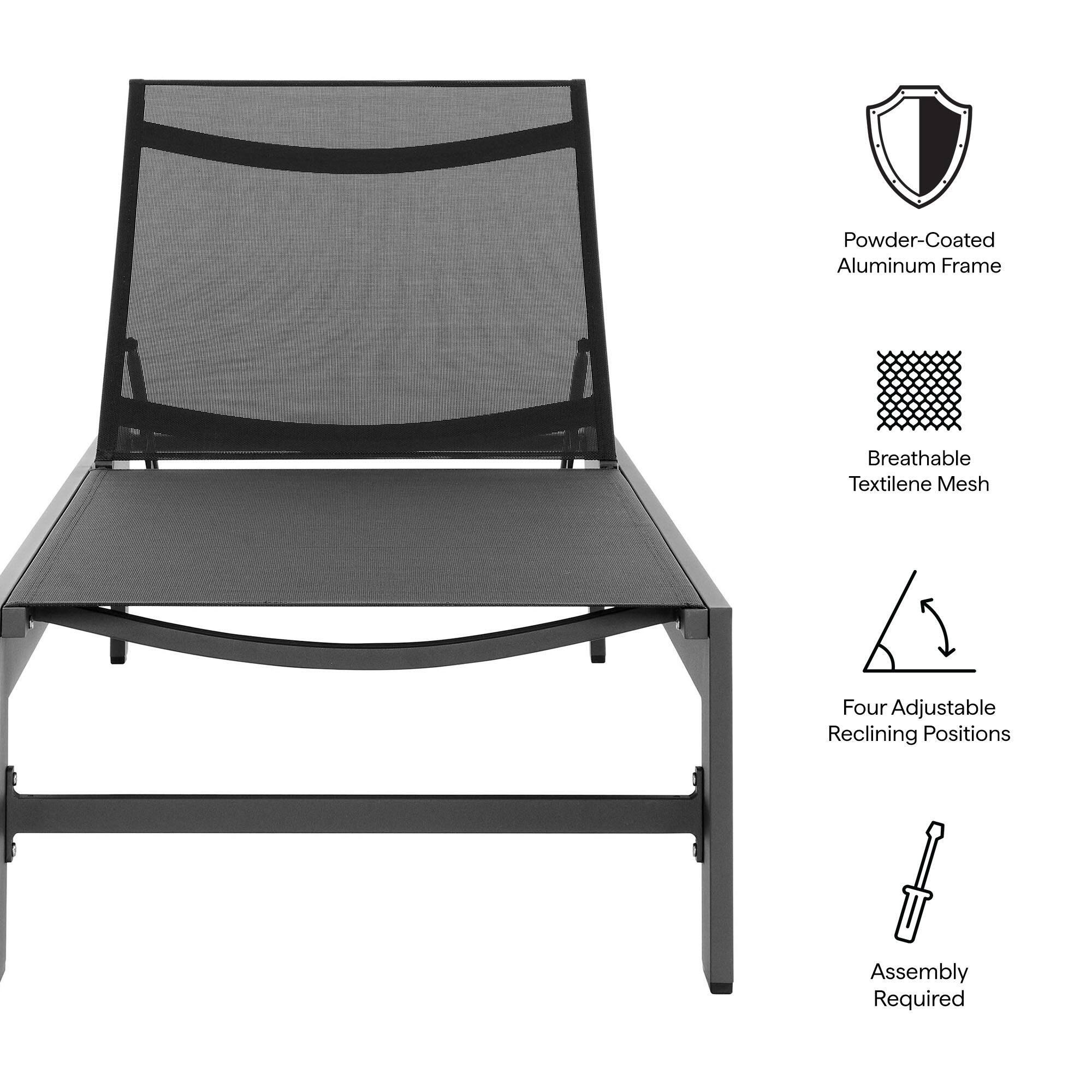 - Powder-Coated Aluminum Frame
- Breathable Textilene Mesh
- Four Adjustable Reclining Positions
- Assembly Required