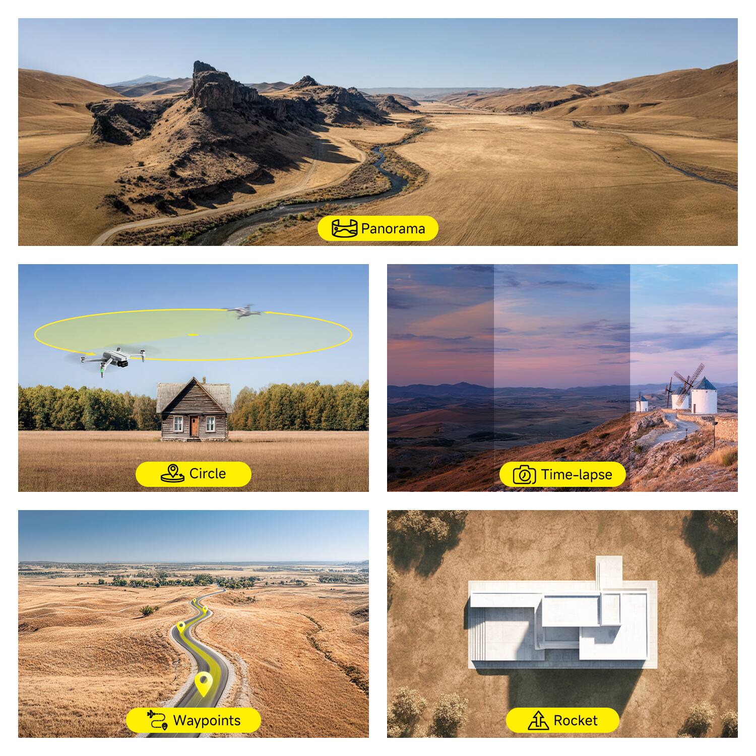 - Panorama
- Circle
- Time-lapse
- Waypoints
- Rocket