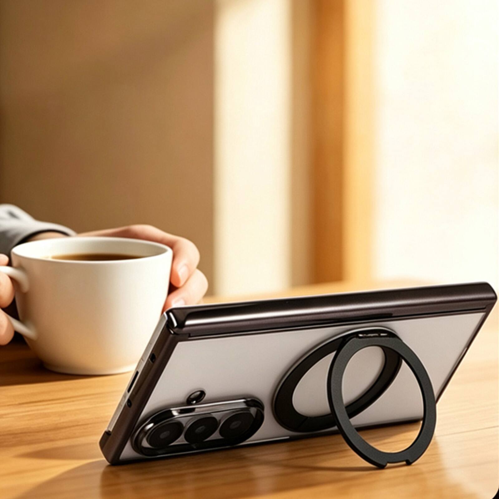 Left. Dteck - Electroplated Frame Case for Samsung Galaxy Z Fold7 with Kickstand, Magnetic Clear Rigid Plastic Hinge Protection Cover - Silver.