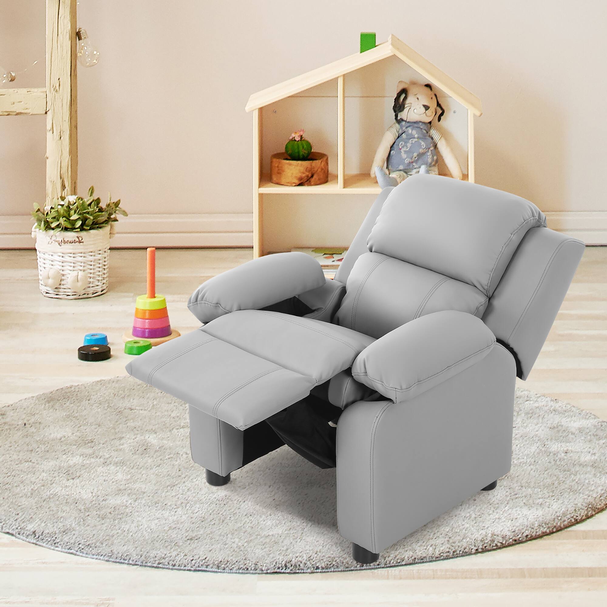 Alt View 4. Gymax - Gymax Deluxe Padded Kids Sofa Armchair Recliner Headrest Children w/ Storage Arms Gray - Grey.