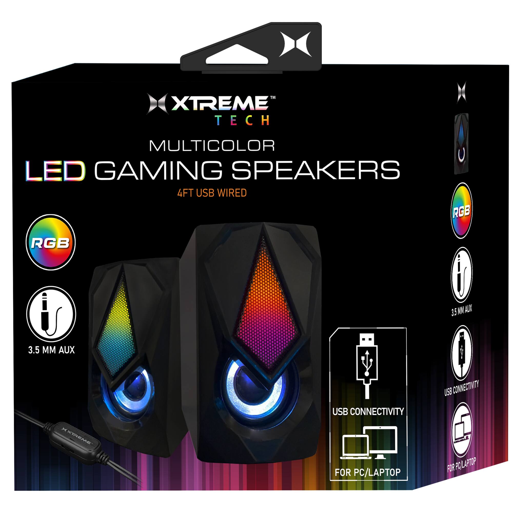 XTREME TECH MULTICOLOR LED GAMING SPEAKERS 4FT USB WIRED RGB 3.5 MM AUX USB CONNECTIVITY FOR PC/LAPTOP