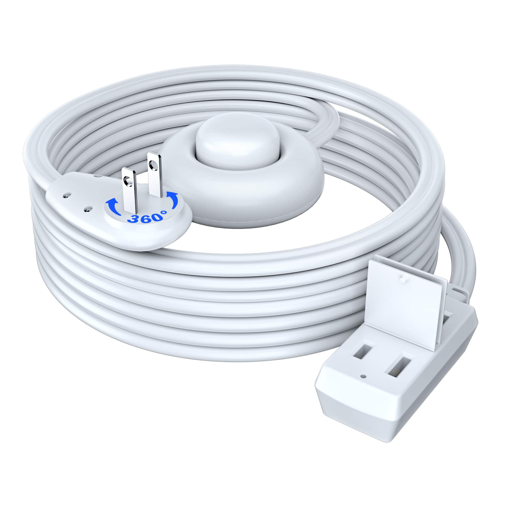 Maximm - 15ft 360° Rotating Flat Plug Extension Cord with on and Off Switch, 2 Prong, 3 Outlets - White