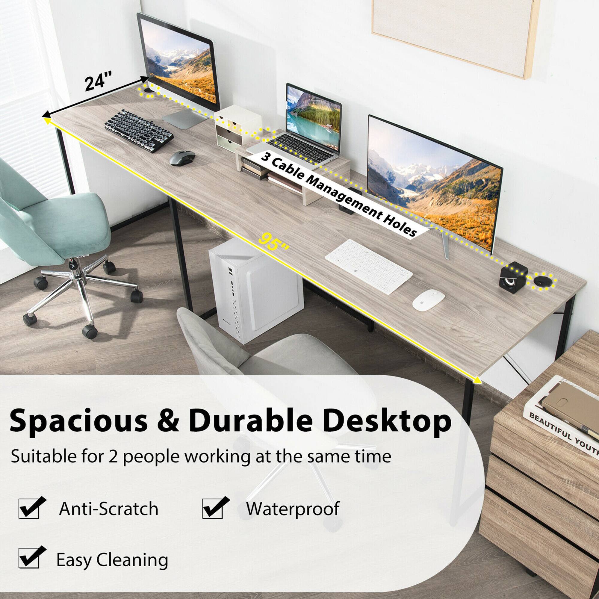 The text on the image is grouped as follows:

1. 24" 3 Cable Management Holes
2. 95" Spacious & Durable Desktop
3. Suitable for 2 people working at the same time
4. BEAUTIFUL YOUT Anti-Scratch Waterproof Easy Cleaning