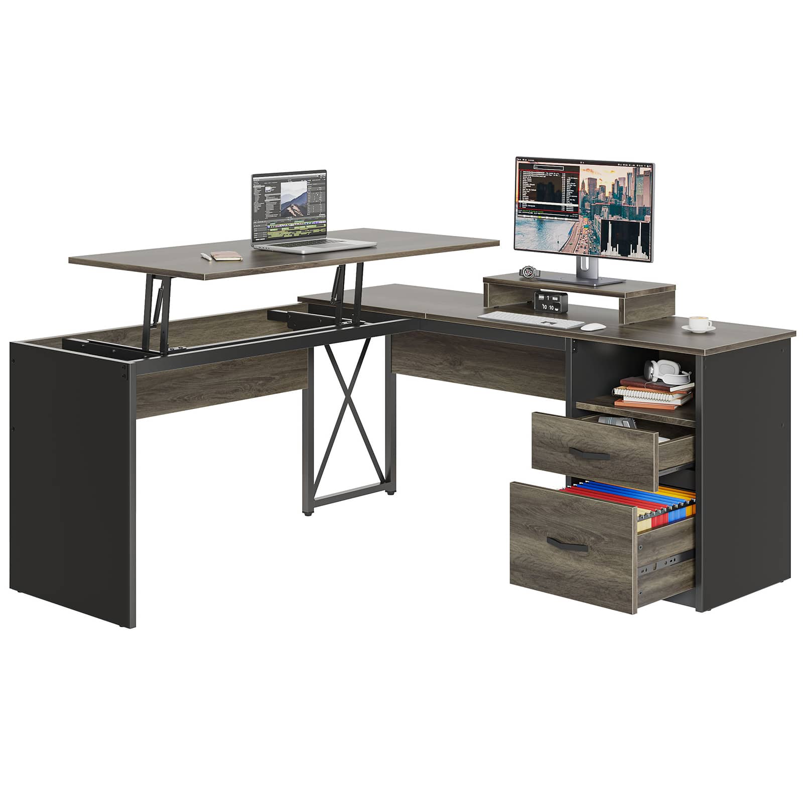 Front. Bestier - L-Shaped Computer Desk with Drawers and Monitor Stand - Dark Gray.