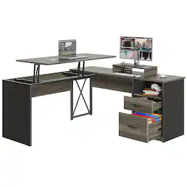 Bestier - L-Shaped Computer Desk with Drawers and Monitor Stand - Dark Gray
