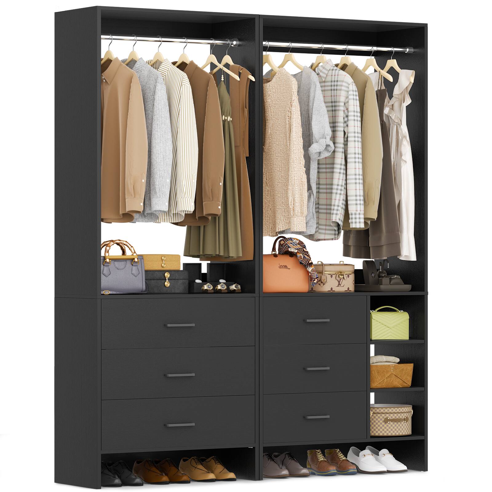Angle. Aheaplus - Wardrobe Closet System 2-Piece Set, 4.5ft Organizer System with 6 Drawers and 2 Hanging Rods - Black.