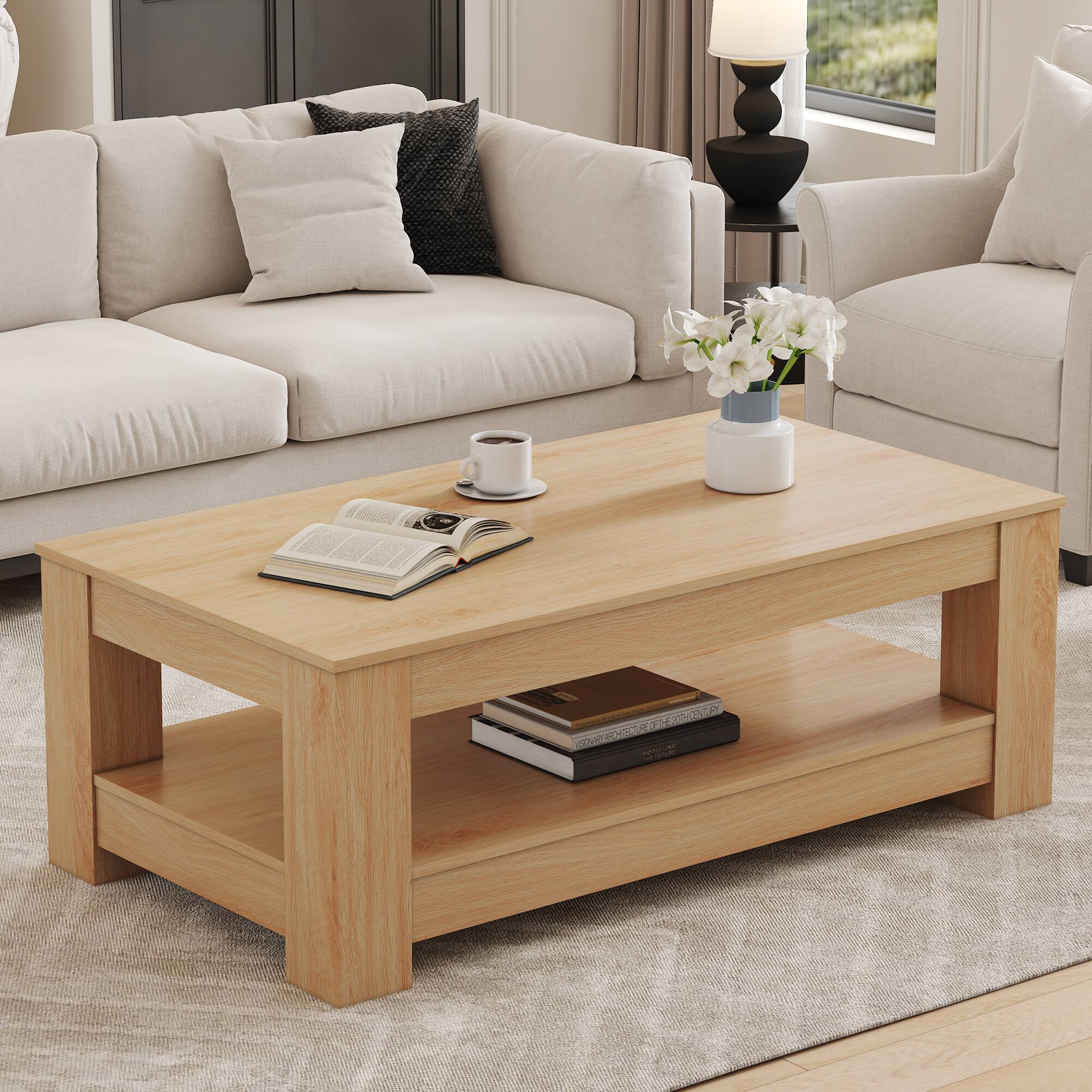 Front. Loheer - Loheer- Natural Wood Modern Coffee Table Two Tier Center Table with Storage Shelf for Living Room 3.6 x 1.9 x 1.4 ft - Natural Wood.