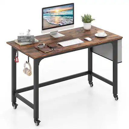 Front. Costway - Metal Framed Computer Desk with Wood Tabletop - Black and Rustic Brown.