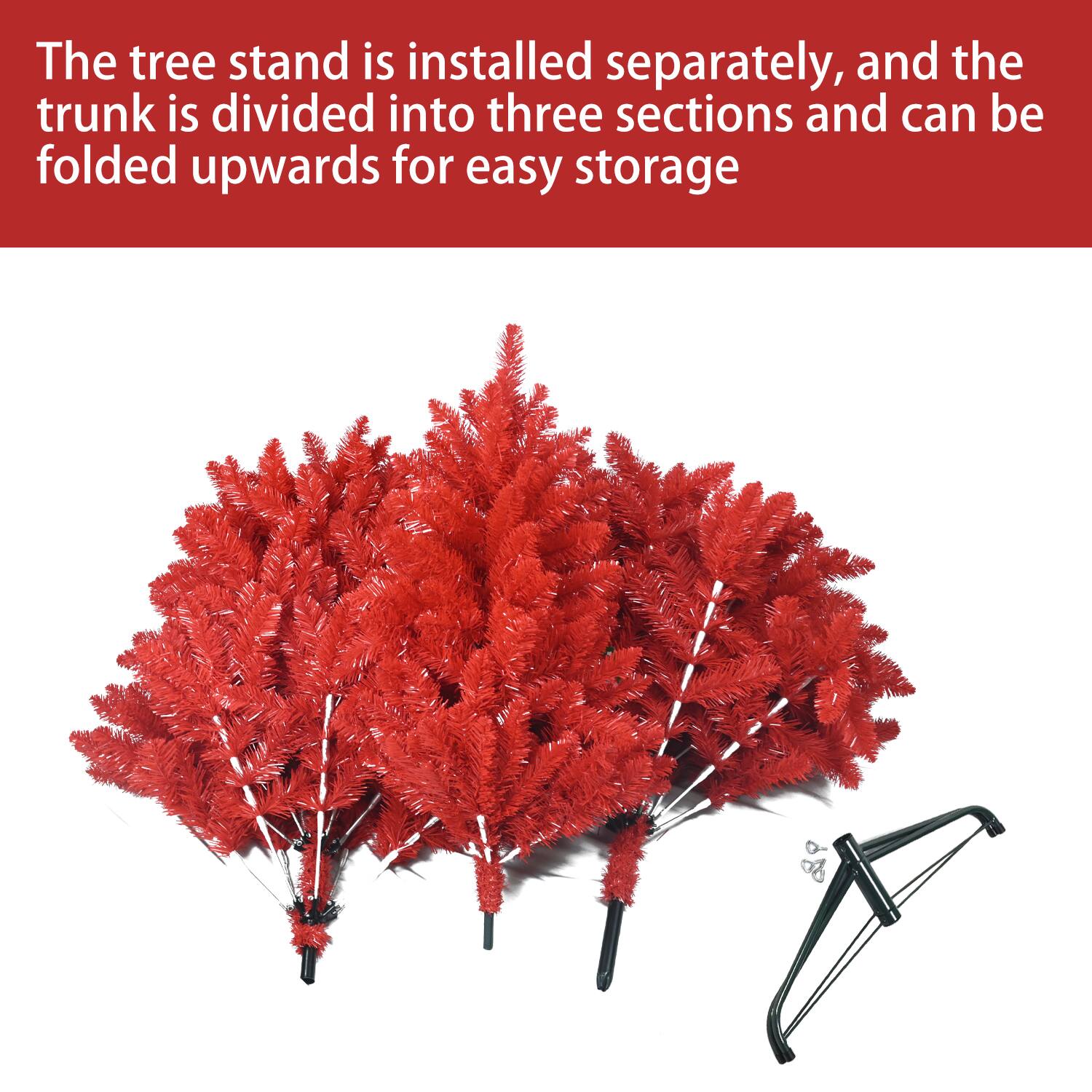 The tree stand is installed separately, and the trunk is divided into three sections and can be folded upwards for easy storage.
