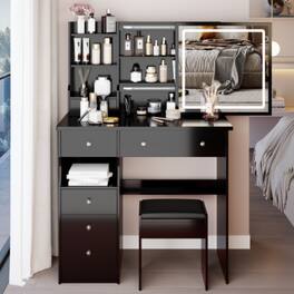 LUCKY ONE - 37in Freestanding Vanity Set with Sliding LED Mirror, Stool and Drawers for Bedroom - Black